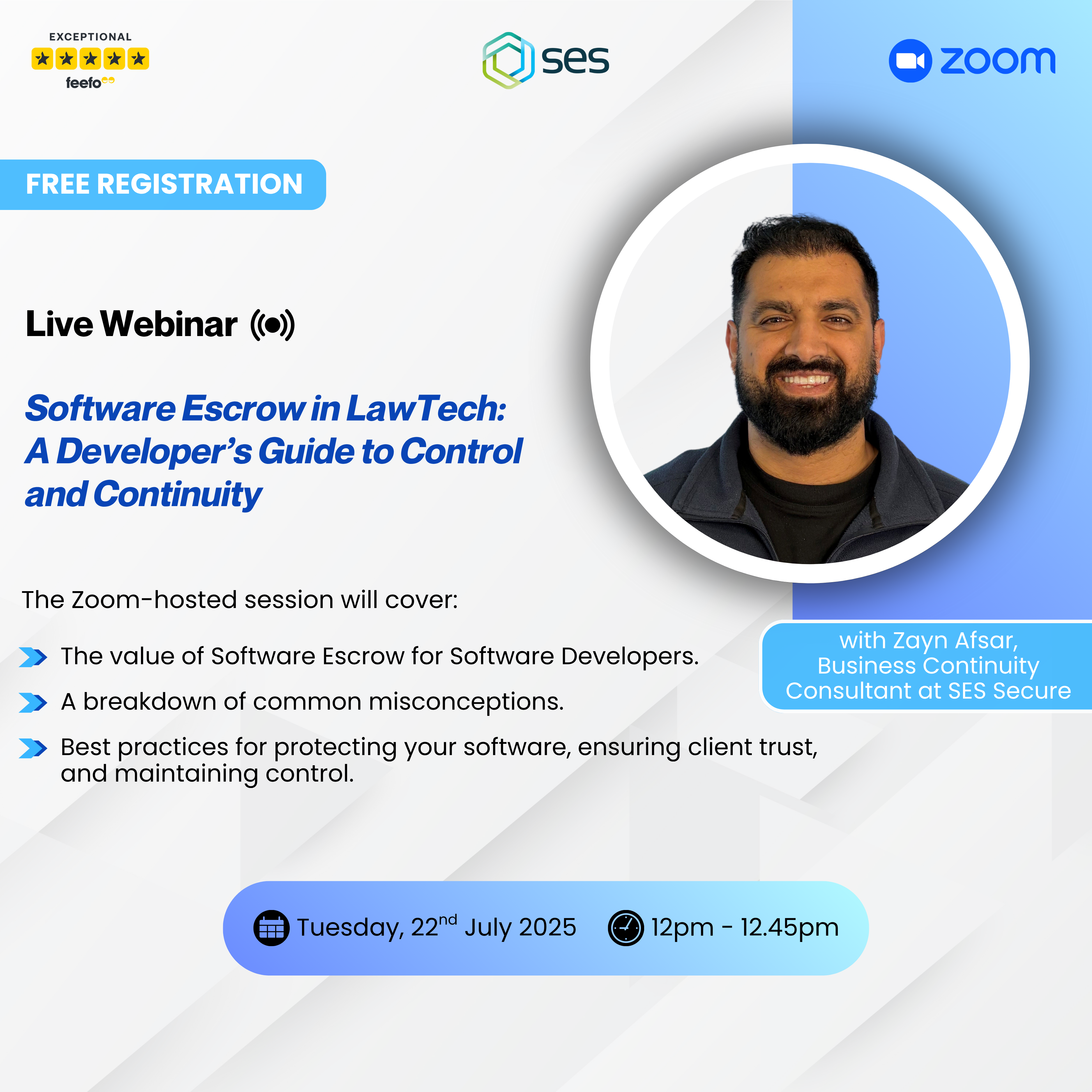 a graphic showing information for a webinar on software escrow for software developers